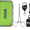 Booms Fishing FF2 Fly Fishing Accessories and Tools Kit: Forceps, Nipper, Line Straightener, Zinger, Two-Sided Fly Box Assortment