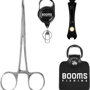 Booms Fishing FF2 Fly Fishing Accessories and Tools Kit: Forceps, Nipper, Line Straightener, Zinger, Two-Sided Fly Box Assortment