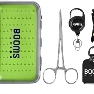 Booms Fishing FF2 Fly Fishing Accessories and Tools Kit: Forceps, Nipper, Line Straightener, Zinger, Two-Sided Fly Box Assortment