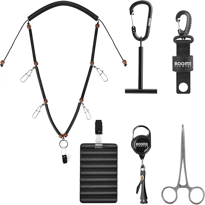 Booms Fishing FF4 6 PCS Fly Fishing Tools Kit, Fly Fishing Lanyard Necklace and Zinger Retractor, Fly Fishing Bottle Holder, Fly Fishing Tippet Spool Holder, Hook Remover Forceps,Rippled Foam