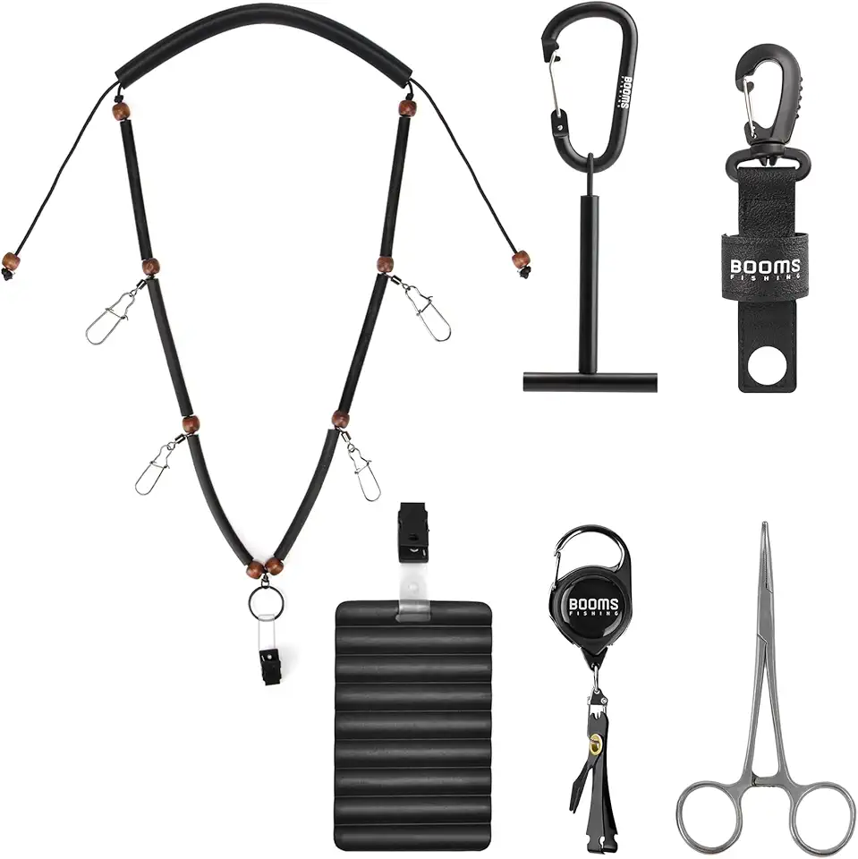 Booms Fishing FF4 6 PCS Fly Fishing Tools Kit, Fly Fishing Lanyard Necklace and Zinger Retractor, Fly Fishing Bottle Holder, Fly Fishing Tippet Spool Holder, Hook Remover Forceps,Rippled Foam