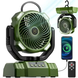 Camping Fan for Tent with LED Light, 270� Rotation 4 Speeds Cordless with Hanging Hook, Portable Fan for Travel, Fishing, Home, Beach Fan