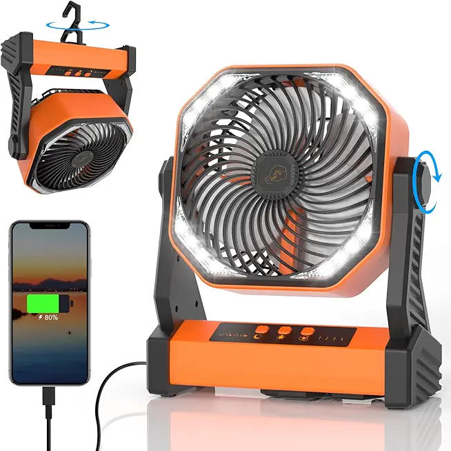 Camping Fan with LED Lantern, 20000mAh Rechargeable Battery Operated Tent Fan, 270�Rotation, 4 Speeds, USB Charging, Personal USB Fan for Camping Travel Fishing Power Outage Hurricane Jobsite
