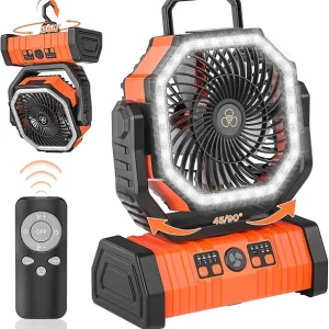 Camping Fan,20000mAh Rechargeable Battery Operated Outdoor Tent Fan with LED Light & Foldable Hook,4 Speeds with 270� Rotate Pivot for Camping,Barbecue,kitchen,Fishing Construction Sites(Orange)�