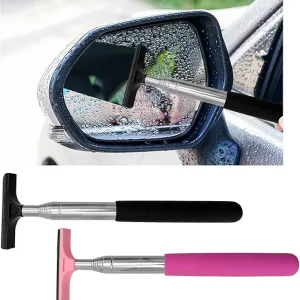 Car Rearview Mirror Wiper, Retractable Auto Side Mirror Squeegee, Portable Water Cleaner Tool with Telescopic Long Rod, Car Accessories for Rainy Foggy Weather (1 Pink+1 Black)