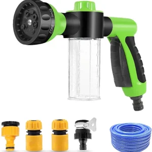 Car Wash Nozzle, High Pressure Water Garden Hose Nozzle with 8 Watering Patterns, Foam Sprayer with Soap Dispenser Bottle for Car Washing, Watering Plant (Green-Set & 32.8Ft Water Pipe)