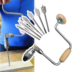 Carpenters Bit Brace Hand Crank Drill with 12-Inch Swing Arm, Steel and Plastic Construction, Comfortable Non-Slip Handle, Woodworking Tool (Wooden Handle Bit Brace + 6 Drill Bits)