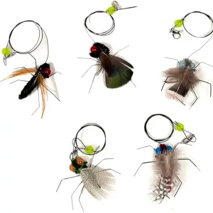 Cat Feather Toy Refills Flies with Cord 5pcs Interactive Kitten Teaser Wand Attachments Cat Fishing Pole Toys (5pcs Refills+1 Teaser Wand)