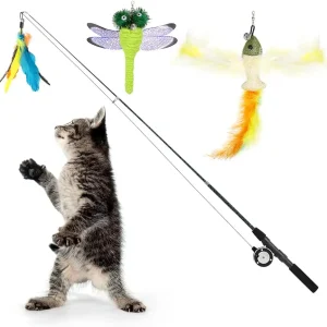 Cat Feather Toys, 4 Pack Interactive Cat Feather Teaser Wand Toys, Retractable Fishing Pole Wand Catcher Exerciser with Refill Fish, Dragonfly Worm with Bells, Fun Kitten Kitty Toy, Colorful