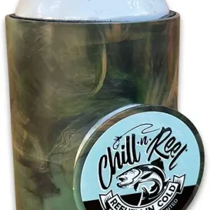 Chill-N-Reel Fishing Can Cooler (from Shark Tank) | Hard Shell Drink Holder with Hand Line Reel Attached | Fits Any Standard Insulator Sleeve or Coozie | Unique Fun Fishing Gift (Camo & Spill Guard)