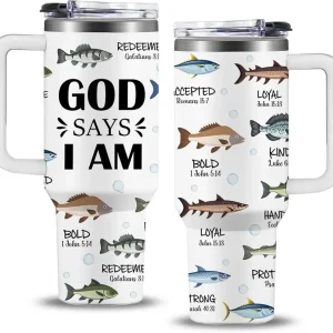 Christian Gifts for Men, 40 oz God Says i Am Fish Tumbler with Handle, Inspirational Religious Birthday Gifts for Fishing Lover cup, Fisherman Gifts, Christian Fishing Gifts for Fisherman Men Boys