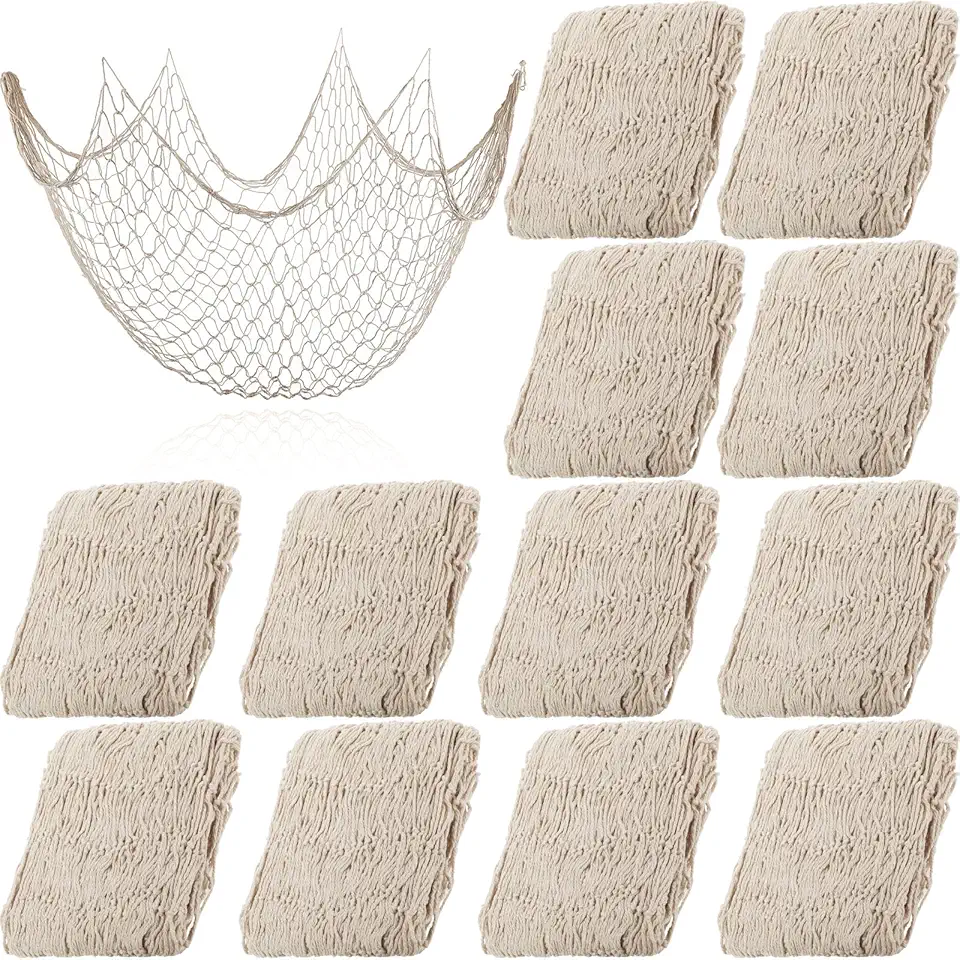 Chumia 12 Pcs Fish Net Decorative Hanging Party Supplies 78.7 x 59 Inch Nautical Party Decorations Natural Cotton Fishnet Accessory for Hawaiian Pirate Fishing Theme Supplies (Beige)