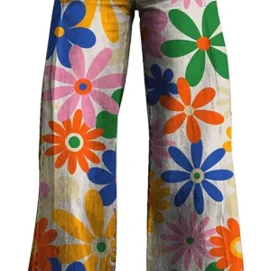 CHUOAND Women's Flare Jeans Vintage Floral Print High Waisted Wide Leg Baggy Trousers Retro Casual Flare Pants with Pockets