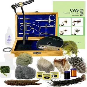 Colorado Anglers - Fly Tying Standard Tool Kit with Wooden Box, Book & DVD, Rotary Vise, Bobbin, Scissors, Whip Finisher, Complete Fly Fishing Set for Beginners & Pros