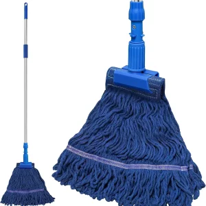 Commercial Mop for Floor Cleaning, Heavy Duty Industrial Mops with 55 inches Long Handle, Looped-End Wet Dry String Mop for Hardwood Tile Concrete Home Kitchen Office Garage (Blue)