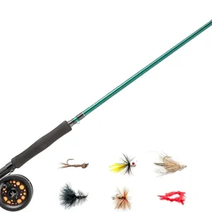 Complete Fly Fishing Rod and Reel Combo Kit, 5/6-Weight 8-Foot 3-Piece Moderate Action Fiberglass Rod, Single Action Rim Control Reel, 6-Weight Line, 6-Piece Fly Assortment, Brown/Green
