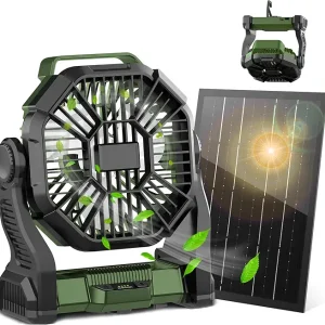 CONBOLA 10400mAh Solar fan, Battery Powered Camping Fan with Solar Panel, 7W Rechargeable Camping for Outdoor,LED Lantern, Stepless Speed and Quiet Battery Operated Tent Fan for Tent,Outside