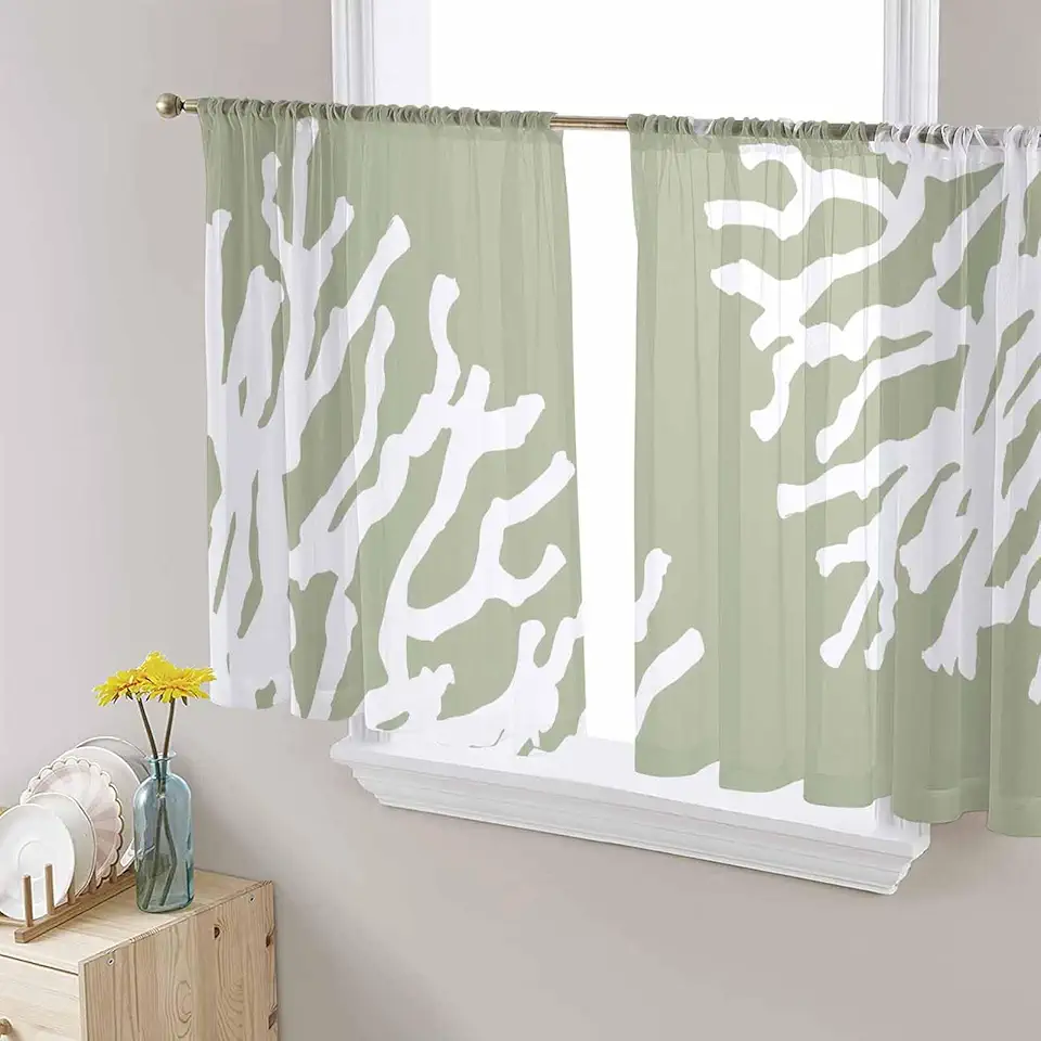 Coral Sage Green Sheer Curtains for Kitchen Bedroom Living Room Windows,Coastal White Ocean Marine Nautical Beach Rod Pocket Decorative Drapes Semi-Sheer Door Curtain 54 Inch Length 2 Panels 52x54