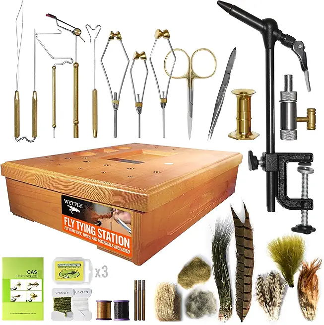 Creative Angler Wooden Fly Tying Station with Tools and Materials