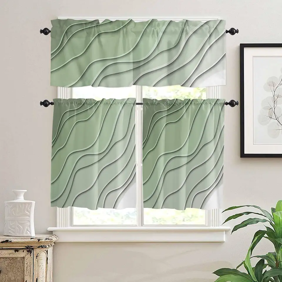 Curtain Valances Set Sage Green Ombre Stripes Geometric Color Gradient Kitchen Curtains 24 inch Length Rod Pocket Valance and Tiers 3 Piece Set Small Bedroom Bathroom Laundry Decor