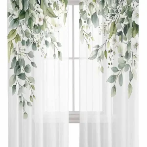 Curtains Sheer Valance Window 2 Panels Set, Sage Green Eucalyptus Leaf Flower Plant Drapes, Rod Pocket Curtain Draperies Decor for Kitchen Bedroom Living Room Drapes, 52" Wx84 L