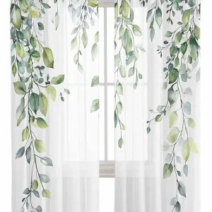 Curtains Sheer Valance Window 2 Panels Set, Sage Green Eucalyptus Leaves Vines Flowers Drapes, Rod Pocket Curtain Draperies Decor for Kitchen Bedroom Living Room Drapes, 52" Wx72 L