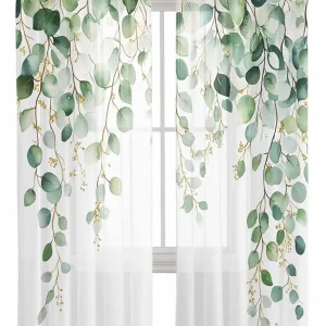 Curtains Sheer Valance Window 2 Panels Set, Sage Green Watercolor Eucalyptus Leaves Plant Drapes, Rod Pocket Curtain Draperies Decor for Kitchen Bedroom Living Room Drapes, 52" Wx84 L