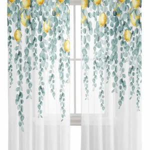 Curtains Sheer Valance Window 2 Panels Set, Summer Sage Green Lemon Eucalyptus Leaves Drapes, Rod Pocket Curtain Draperies Decor for Kitchen Bedroom Living Room Drapes, 52" Wx72 L