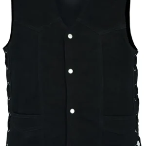 Daniel Smart Biker Vest for Men V-Shaped Neck Design Black Denim Vest with plain Side and concealment Armory Pocket