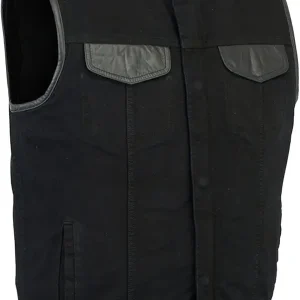 Daniel Smart Men�s Vest Unique black denim vest men with Leather Detailing Motorcycle Vest with Concealment Armory Pocket