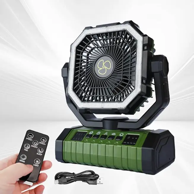 Deep Green Camping Fan, 20000mAh Battery Powered Fan Rechargeable with LED Light, 4 Speed Battery Operated Fans Portable, Cordless Rechargeable Fan with Remote Control for Camping Tent Fishing Home