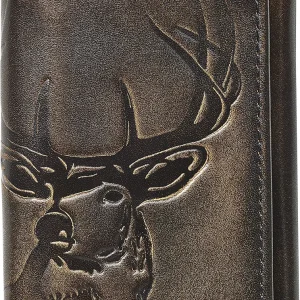 Deer Trifold Wallet for Men and Outdoorsmen, Camou Lining, Full Grain Cowhide Leather Wallet, Black