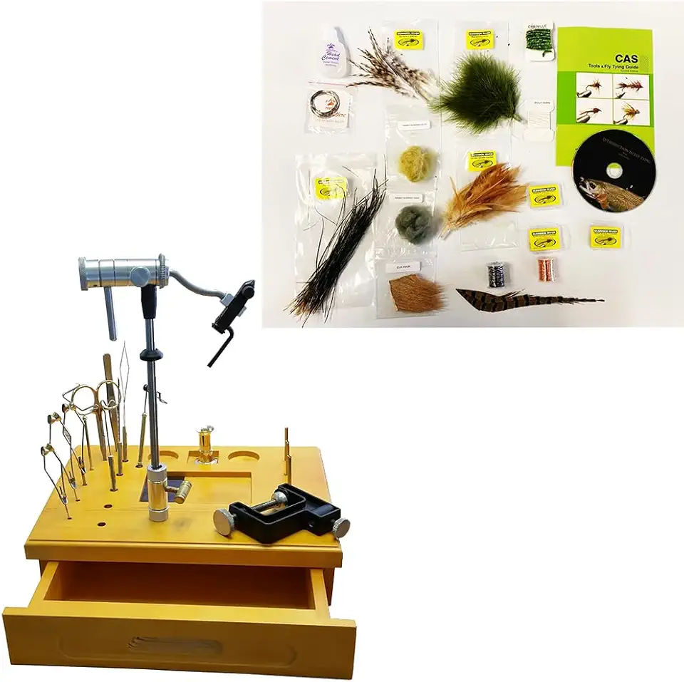 Delux Fly-Tying Material KIT for Tying 6 Basic Flies with DVD and Instruction Booklet Beginner Fly Tying KIT Fly Tying Classes Fly Tying Gift & Wooden Fly Tying Kit Ez Vise