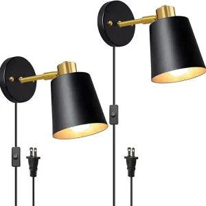 Desk Lamp Black Swing Arm Wall Lamp Set of 2 Plug in Wall Light Fixture Industrial Metal Lampshade Adjustable Wall Scope Lighting for Bedroom Living Room Farmhouse Hallway