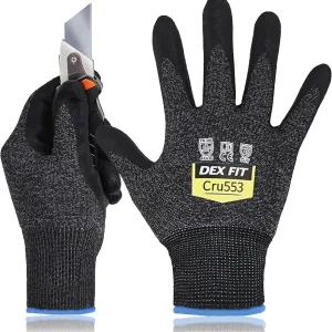 DEX FIT Level 5 Cut Resistant Gloves Cru553-3D-Comfort Fit, Firm Grip, Thin & Lightweight, Touchscreen Compatible, Durable, Breathable, Machine Washable; Black Grey XS (6) 1 Pair