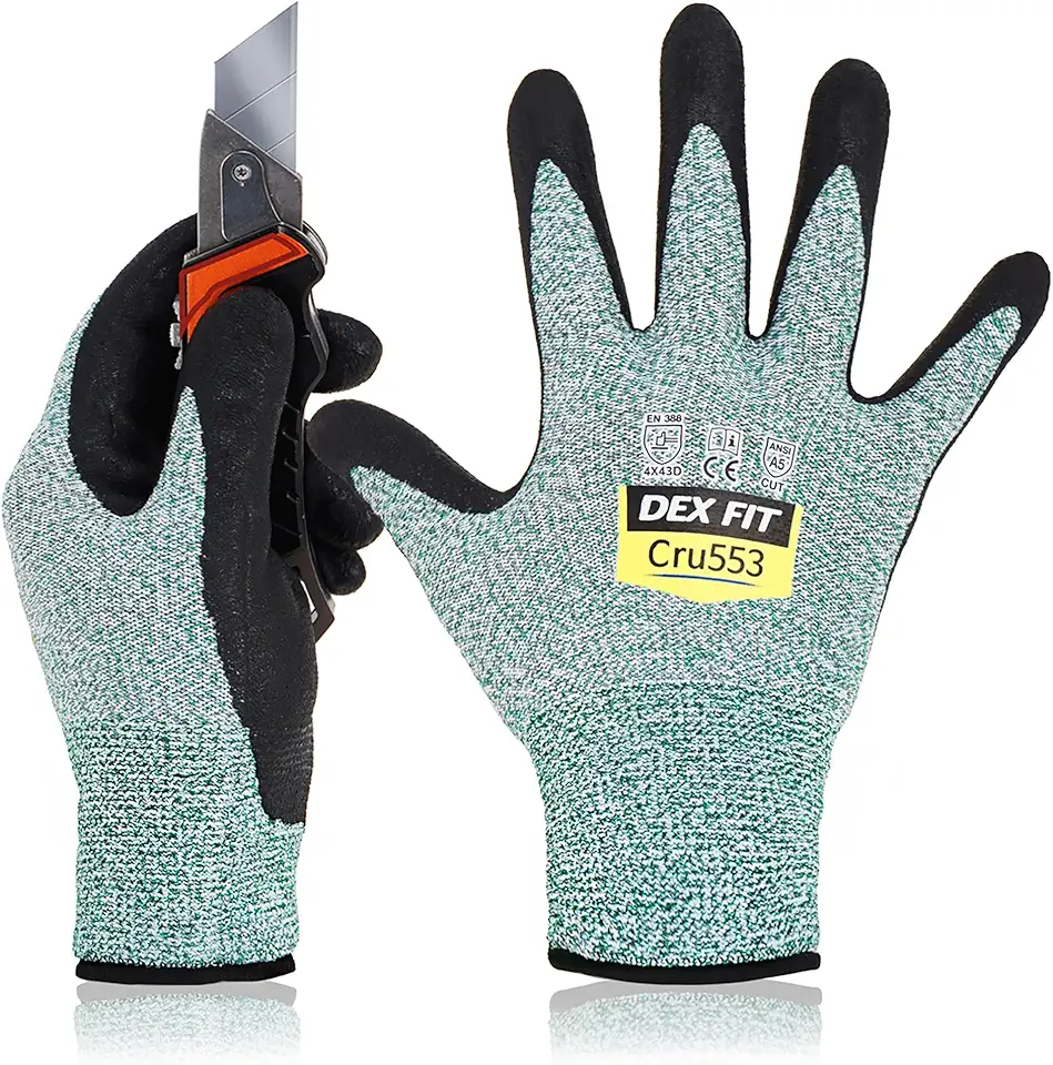 DEX FIT Level 5 Cut Resistant Gloves Cru553-3D-Comfort Fit, Firm Grip, Thin & Lightweight, Touchscreen Compatible, Durable, Breathable, Machine Washable; Green XL (10) 1 Pair