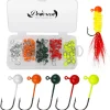 Dovesun 100pcs Fly Tying Jigs Kit, Jig Heads for Fly Fishing 1/124oz 1/80oz 1/64oz 1/32oz 1/16oz Jig Head Small Fly Fishing Hooks DIY Lure Making Kit Suit for Tying Flies | Crappie Lures