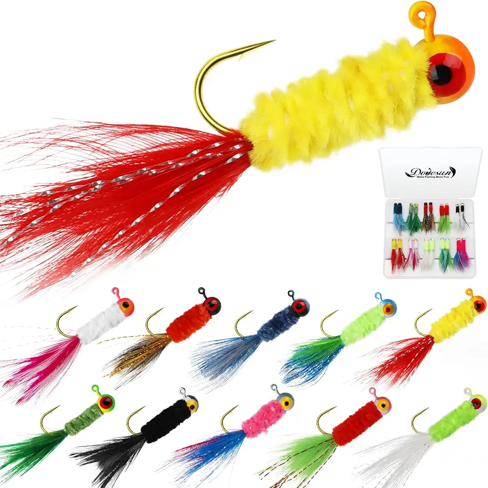 Dovesun Crappie Jigs, Hand-Tied Marabou Hair Jigs Heads with Feather 10 Colors 1/32oz 1/16oz 1/8oz Ice | Fly Fishing Lures for Panfish Sunfish Walleye 20-40pcs