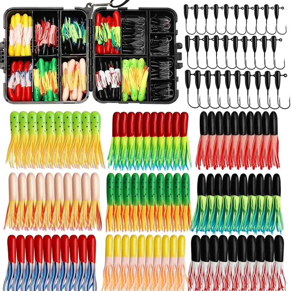 Dovesun Crappie Lures with Jig Heads Kit, Soft Plastic Grubs-Tube Baits 1/8oz 1/16oz 1/32oz Crappie Jigs Walleye Trout Bass Crappie Baits 95-120pcs