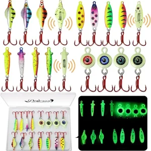 Dovesun Ice Fishing Jigs Ice Fishing Lures Kit Rattling Glow Ice Fishing Spoons for Bass Crappie Panfish Mens Fishing Gifts 15PCS/4PCS/3PCS