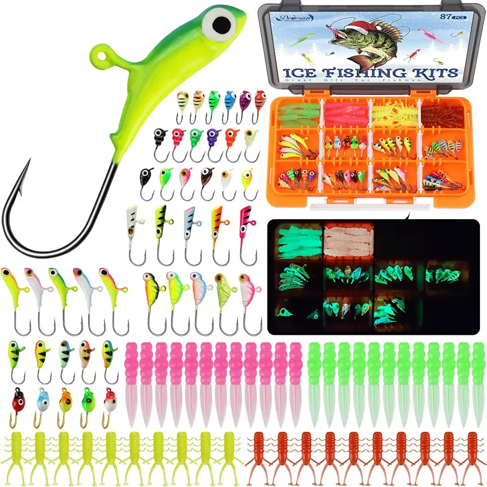 Dovesun Ice Fishing Jigs Kit, Ice Fishing Lures Glow in The Dark Ice Jigs | Soft Baits Ice Fishing Jig Heads Walleye Crappie Jigs Set 20-93Pcs