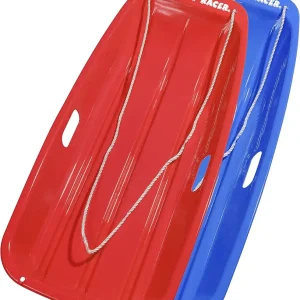 Downhill Sprinter Flexible Kids Toddler Plastic Toboggan Snow Sled with Pull Rope for 1 Adult or Kid Rider, Red and Blue (2 Pack)