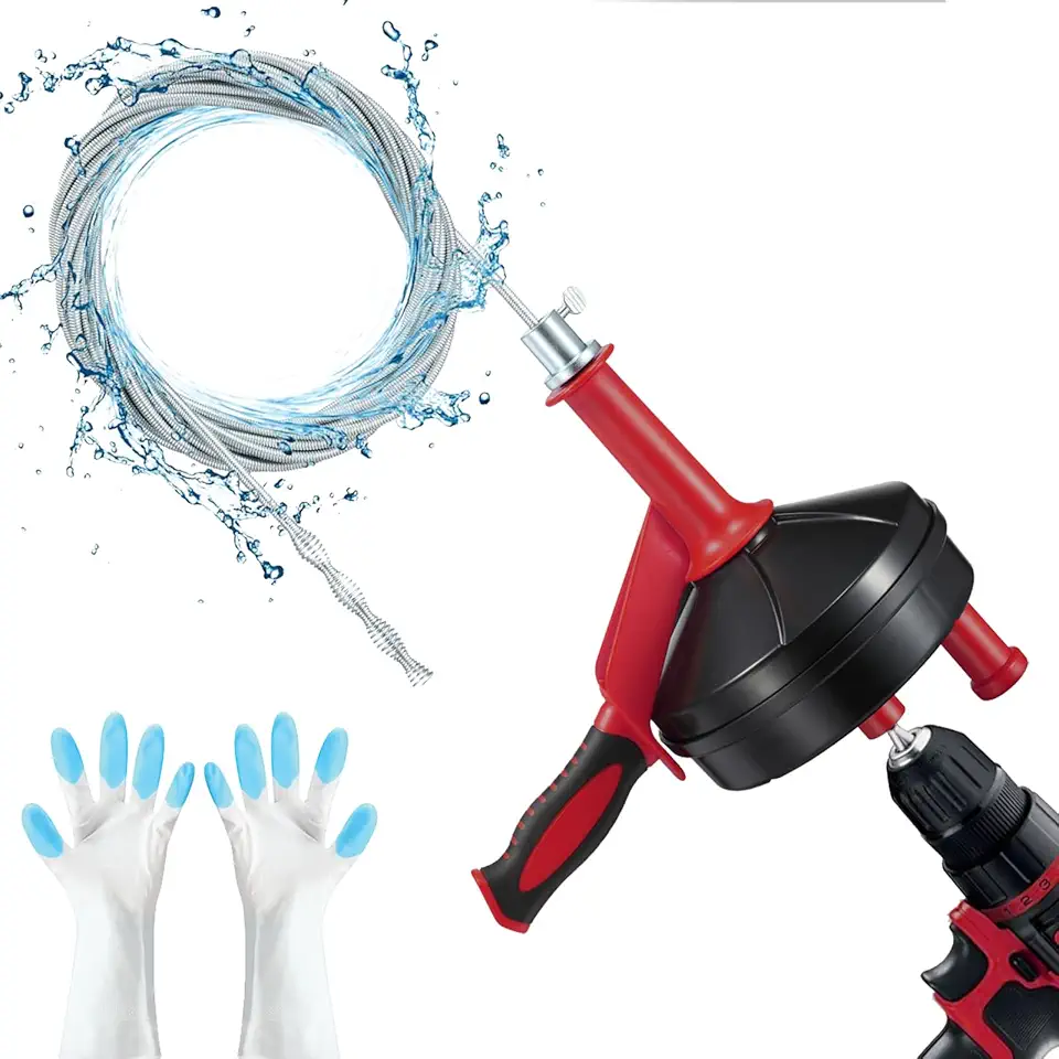 Drain Auger, Breezz Clog Remover with Drill Adapter, 25 Feet Heavy Duty Flexible Plumbing Snake Use Manually or Powered for Kitchen,Bathrom and Shower Sink, Comes with Gloves (red)