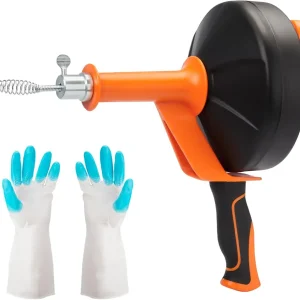 Drain Snake 25 FT with Drill Attachment Manual and Drill 2-in-1, Drum Drain Auger with a Pair of Gloves, Plumbing Snake Suitable for Kitchen, Bathroom, Bathtub and Drainage Pipes.