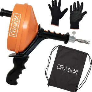 DrainX Pistol Grip Drum Auger | 25 ft Drain Snake 1/4" Dia Cleans Sinks, Showers and Tubs| Work Gloves and Storage Bag Included