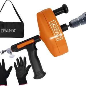 DrainX Power Pro 25-FT Steel Drum Auger Plumbing Snake with Drill Attachment | Drain Snake for Manual or Powered Use | Heavy Duty Drain Cleaning Cable with Work Gloves and Storage Bag Included