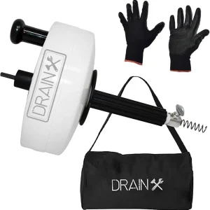 DrainX Power Pro 50-FT Steel Drum Auger Plumbing Snake with Drill Attachment | Drain Snake for Manual or Powered Use | Heavy Duty Drain Cleaning Cable with Work Gloves and Storage Bag Included