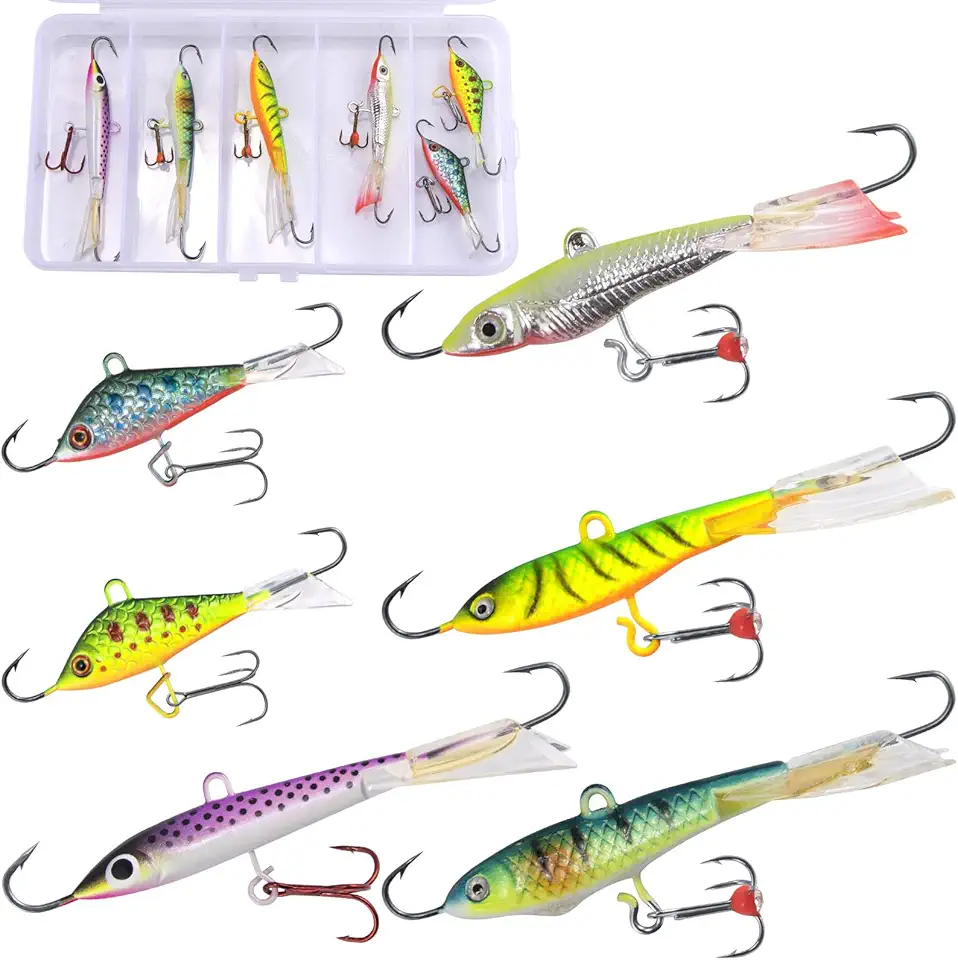 Dr.Fish 6 Pack Ice Fishing Jig Lures Kit Ice Jigging Lures with Glide Wings, Baits with Treble Hook Winter Balanced Bait Fishing Gear for Crappie Panfish Trout Perch