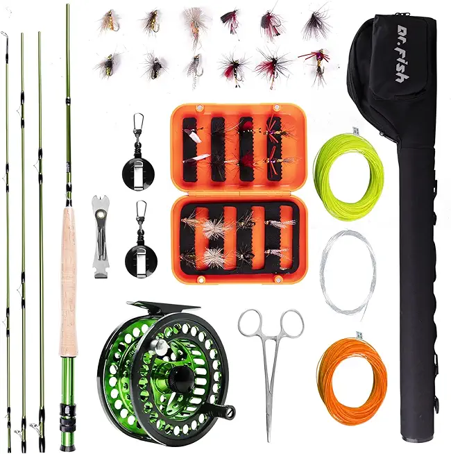 Dr.Fish Fly Fishing Rod and Reel Combo 4 Piece Lightweight Carbon Fiber Rod 5/6 CNC Machined Aluminum Alloy Reel Fly Fishing Starter Package with Carrier Bag