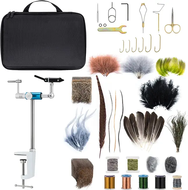 Dr.Fish Fly Tying Kit, Fly Tying Materials Alloy Aluminum Fly Tying Vise Fly Fishing Tools Hackle Bobbin Scissors Plies Feather Hareline Fly Hooks, Flies Making Kit Station for Beginners